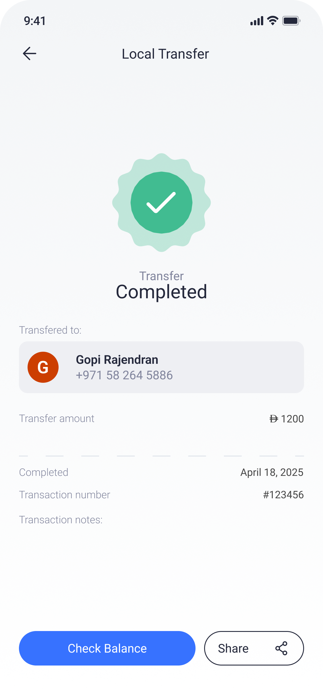 Completed local transfer receipt